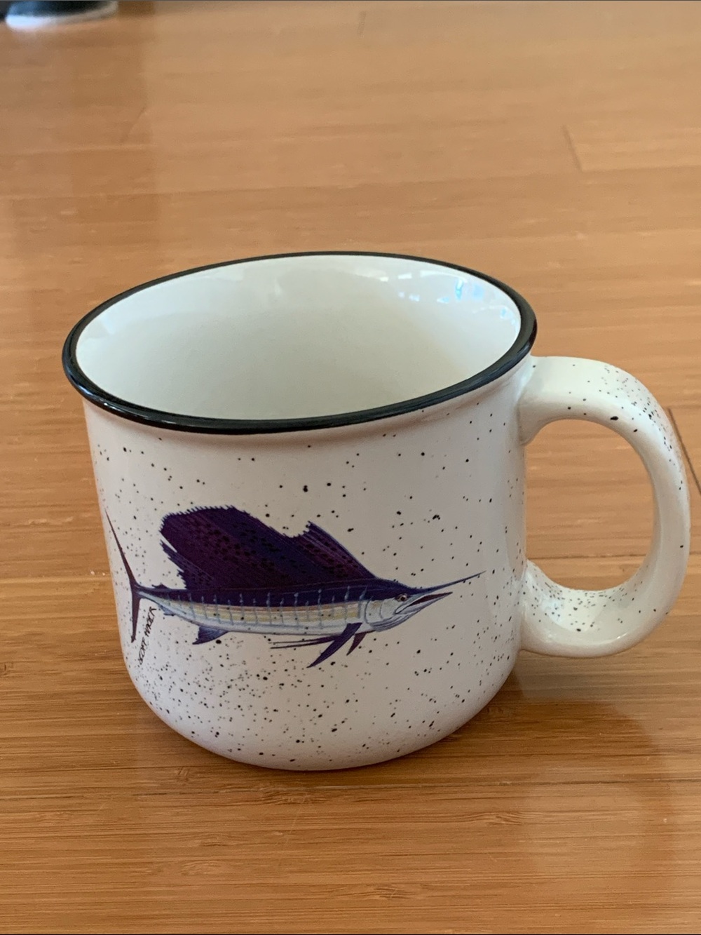 Vintage Speckled White Ceramic Mug with Sailfish